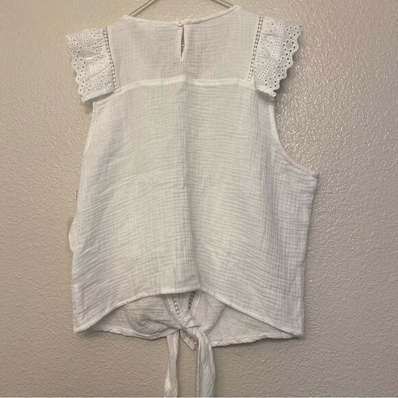 Tribal Jeans Sleeveless Tie Front white cotton muslin gauze Blouse boho Lace S - Picture 3 of 8